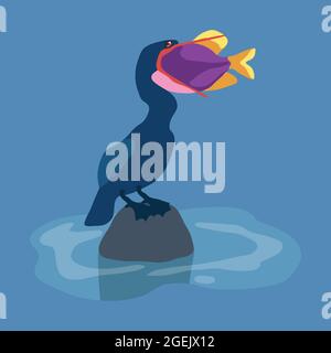 Bird swallowing a colorful big fish Illustration. Stock Vector
