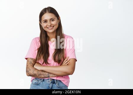Waist-up Shot of Confident Good-looking Woman with Good Self-esteem Holding Hands  Crossed on Chest in Proud Self-assured Stock Photo - Image of charismatic,  enthusiastic: 134250418