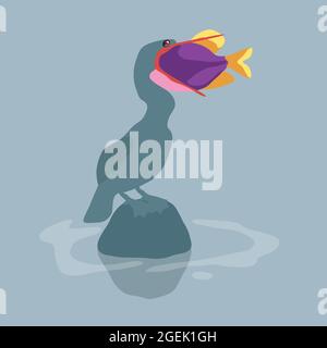 Bird swallowing a fish Illustration. Stock Vector