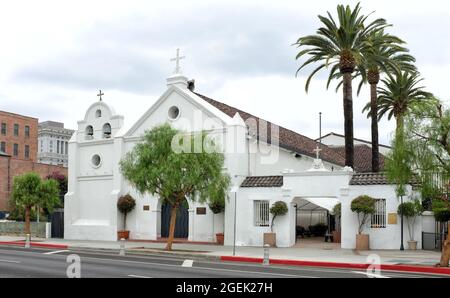 LOS ANGELES, CALIFORNIA - 18 AUG 2021: Our Lady Queen of Angels Catholic Church across from Olvera Street, is considered the oldest church in the city