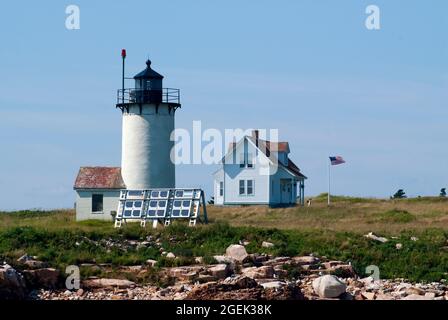 Solar Panels provide a source of energy for Great Duck Island lighthouse. The beacon and island is also a protected wildlife bird sanctuary. Stock Photo