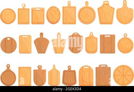 Wooden pizza board icons set cartoon vector. Wood shield. Old food button Stock Vector