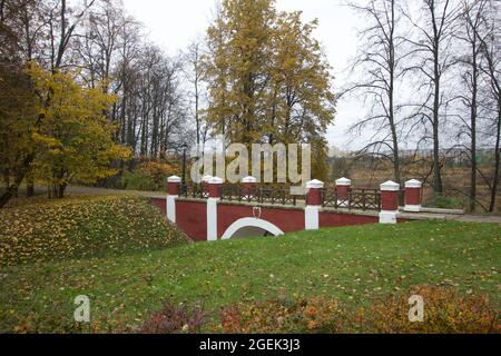 Pedestrian bridge in the city park. Yellowed autumn leaves are all around. Stock Photo