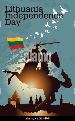 Lithuanian Knight (Vytis), Vytautas the Great, on the background of Kaunas city with National flag Lithuania. Happy Independence Day. Stock Vector