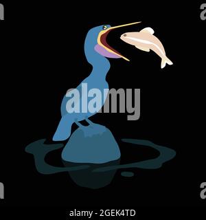 Bird catching a big fish illustration Stock Vector