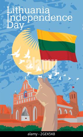 Hand with the national flag of Lithuania on the background of St. Anne's Church in Vilnius. Happy Independence Day. Stock Vector