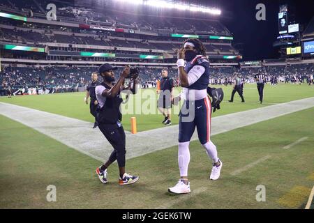 Philadelphia, PA, USA. 19th Aug, 2021. New England Patriots defensive back  KYLE DUGGER (23) takes the field during a time out in the mist of a  preseason game between the New England