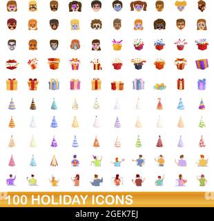 100 holiday icons set. Cartoon illustration of 100 holiday icons vector set isolated on white background Stock Vector