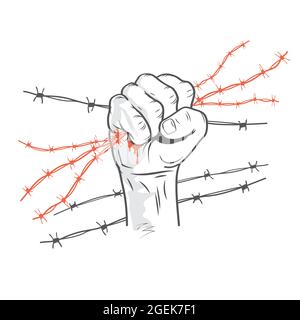 Barbed wire clenched in fist. Illustration on the theme of dictatorship and the Holocaust. Console camp. Resistance and revolution symbol concept Stock Vector