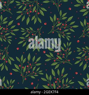 Seamless floral pattern with green leaves and red berries. Perfect for textile wallpaper posters. Stock Vector
