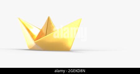 3D render of a yellow paper boat isolated on white background, business leadership concept Stock Photo