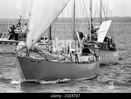 AJAXNETPHOTO. 6TH AUGUST, 1971. COWES, ENGLAND. - WRONG WAY YACHTSMAN RETURNS - CHAY BLYTH SAILS UP THE SOLENT OFF COWES  IN THE YACHT BRITISH STEEL AT THE END OF HIS WRONG-WAY ROUND THE WORLD NON-STOP SOLO VOYAGE.  PHOTO:JONATHAN EASTLAND/AJAX REF:357139 22 Stock Photo
