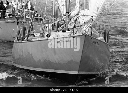 AJAXNETPHOTO. 6TH AUGUST, 1971. COWES, ENGLAND. - WRONG WAY YACHTSMAN RETURNS - CHAY BLYTH SAILS UP THE SOLENT OFF COWES IN THE YACHT BRITISH STEEL AT THE END OF HIS WRONG-WAY ROUND THE WORLD NON-STOP SOLO VOYAGE.  PHOTO:JONATHAN EASTLAND/AJAX REF:357139 25 Stock Photo