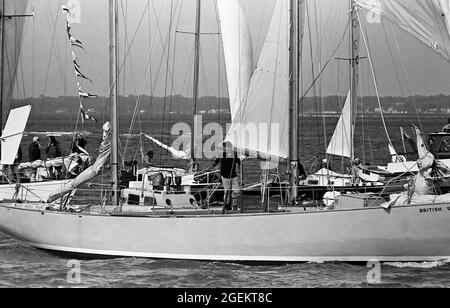 AJAXNETPHOTO. 6TH AUGUST, 1971. COWES, ENGLAND. - WRONG WAY YACHTSMAN RETURNS - CHAY BLYTH SAILS UP THE SOLENT OFF COWES IN THE YACHT BRITISH STEEL AT THE END OF HIS WRONG-WAY ROUND THE WORLD NON-STOP SOLO VOYAGE.  PHOTO:JONATHAN EASTLAND/AJAX REF:357139 27 Stock Photo