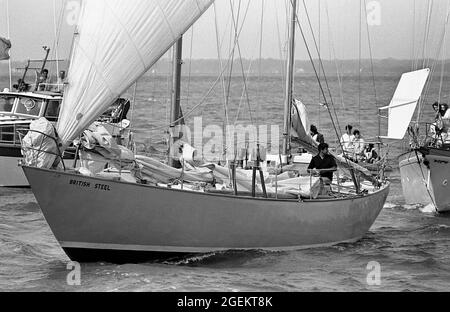 AJAXNETPHOTO. 6TH AUGUST, 1971. COWES, ENGLAND. - WRONG WAY YACHTSMAN RETURNS - CHAY BLYTH SAILS UP THE SOLENT OFF COWES  IN THE YACHT BRITISH STEEL AT THE END OF HIS WRONG-WAY ROUND THE WORLD NON-STOP SOLO VOYAGE.  PHOTO:JONATHAN EASTLAND/AJAX REF:357139 34 Stock Photo