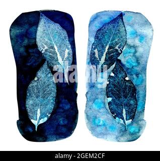 Leaves clipart. Cherry leaf watercolor silhouette on a blue background. Watercolor illustration of plant leaves. Stock Photo