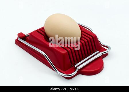 Household device for slicing eggs. Hard-boiled eggs slicer tool. Stock Photo