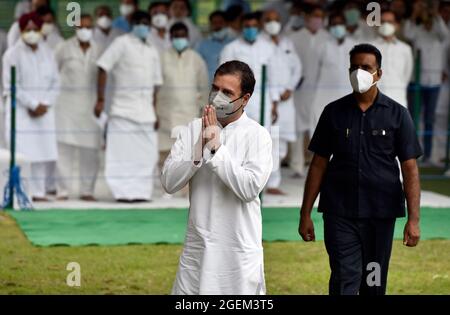 New Delhi, India. 20th Aug, 2021. NEW DELHI, INDIA - AUGUST 20: Congress leader Rahul Gandhi during a memorial ceremony for the 77th birth anniversary of former Prime Minister Rajiv Gandhi at Veer Bhumi on August 20, 2021 in New Delhi, India. (Photo by Sanjeev Verma/Hindustan Times/Sipa USA) Credit: Sipa USA/Alamy Live News Stock Photo