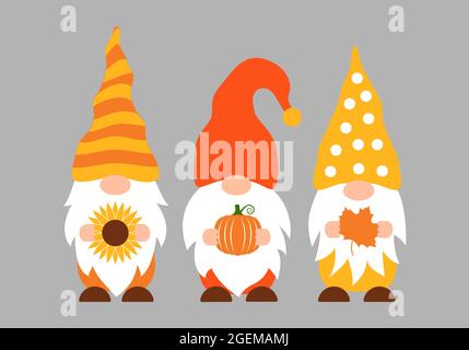 Autumn gnomes. Fall decorations. Cute cartoon characters. Vector template for banner, poster, greeting card, t-shirt, etc. Stock Vector