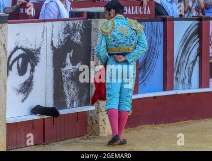 Malaga, Spain. 20th Aug, 2021. August 20, 2021: 20 August 2021 (Malaga) 725 days after a bullfight is held in Malagueta. Morante de la Puebla has cut the first ear of the Feria de MÃ¡laga, an entertaining Corrida Picassiana, with a spectacular staging, in roll and stretches, with philharmonic and sopranos acting between a bull and another, in which the bullfighter has been superb, in the line of the whole season. (Credit Image: © Lorenzo Carnero/ZUMA Press Wire) Credit: ZUMA Press, Inc./Alamy Live News Stock Photo