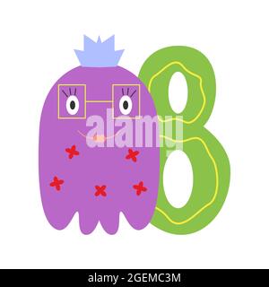 Monster purple girl cute funny kind with crown and festive congratulatory number eight isolated on white background. Design element for a childrens book or postcard. Vector illustration Stock Vector