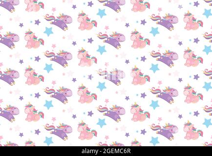 Vector seamless pattern for kids. Two gentle unicorns with developing manes and ponytails, the boy runs to the girl.Around the horses are multi-colored stars,purple, pink, blue.Factory print,wallpaper. Stock Vector