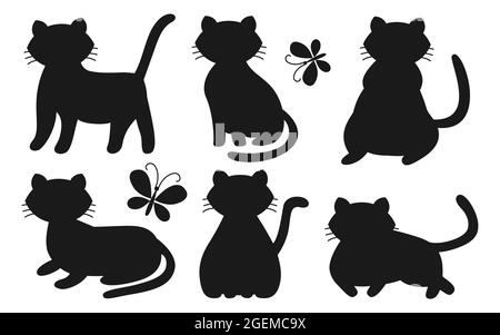Cats set silhouette in different poses, sitting, lying, with other muzzles, emotions, closed and opening eyes, butterflies fly around. Funny character. Pet collection. Vector illustration Stock Vector