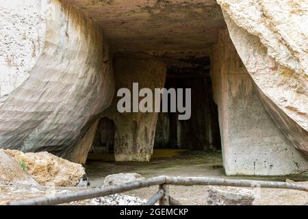Natural Landscapes of The Neapolis Archaeological Park (Grotta dei Cordari) in Syracuse, Sicily, Italy. Stock Photo