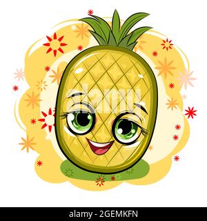 Pineapple cheerful smile. Juicy red fruit with a muzzle. Cartoon style. Isolated over white background illustration. Bright summer composition. Stock Photo