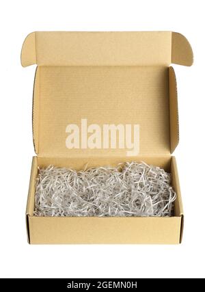 Shredded Papers in Brown Box on White Background Stock Photo