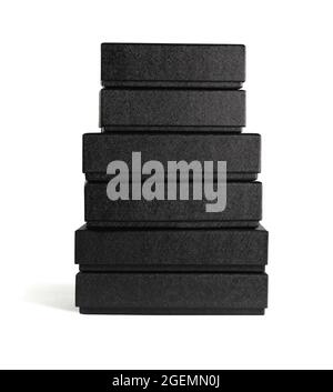 Stack of Assorted Black Cardboard Boxes on White Bakground Stock Photo