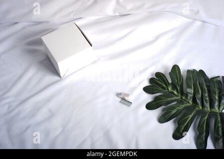 green leaf and empty white box on a white cloth background. minimalist abstract concept for design material with soft and luxurious theme Stock Photo