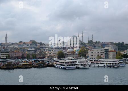 Turkey Istanbul - View from Galata Bridge to Rüstem Pasha Mosque Stock Photo