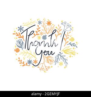 Thank you greeting card with doodle flower silhouette. Hand drawn postcard with slogan thank you and simple plants art. Vector illustration. Stock Vector