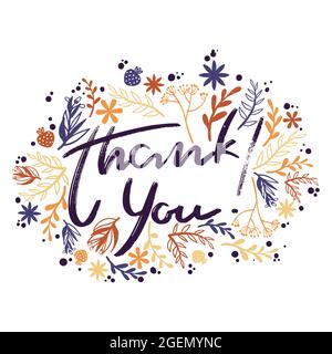 Thank you. Hand lettering and round floral frame. Template for greeting ...