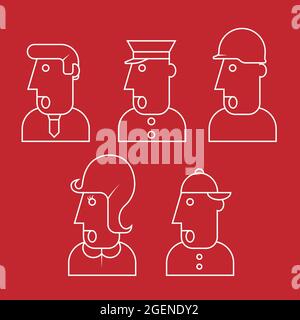 People icons, thin line style, flat design comical working on a red isolated background vector image Stock Vector