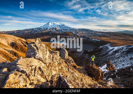 Overlooking Mount Ruapehu and the Lower Tama Lake. Tongariro National Park, UNESCO World Heritage Area. New Zealand Stock Photo