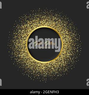 Sparkling golden glitter texture round frame. Shiny banner Stock Vector