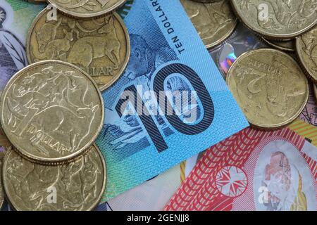 Australian money with one and two dollar coin and ten dollar note. Stock Photo