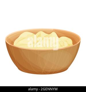 Ghee in wooden bowl indian traditional butter in cartoon style isolated on white background. Organic, vegetarian food, ingredient. . Vector illustration Stock Vector