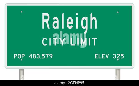 Rendering of a green North Carolina highway sign with city information Stock Photo