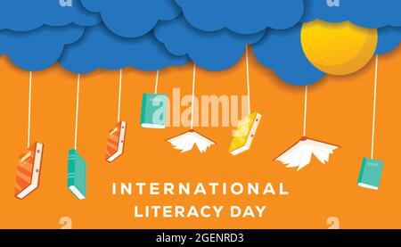 vector illustration international literacy day hanging books on cloud in cut paper  style Stock Vector