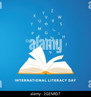 International literacy day banner with opened book and flying alphabet Stock Vector