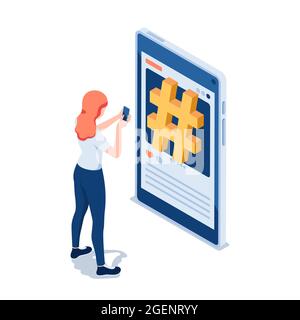 Flat 3d Isometric Woman Using Smartphone in front of Hashtag Symbol on Social Media.  Social Media Hashtag Marketing and Advertising Concept. Stock Vector
