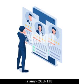 Flat 3d Isometric Businessman Looking at Online Resume on Smartphone. Online Resume and Recruitment Concept. Stock Vector