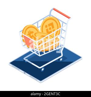 Flat 3d Isometric Cryptocurrency Coin Inside Shopping Cart on Digital Tablet. Cryptocurrency Exchange Platform Concept. Stock Vector