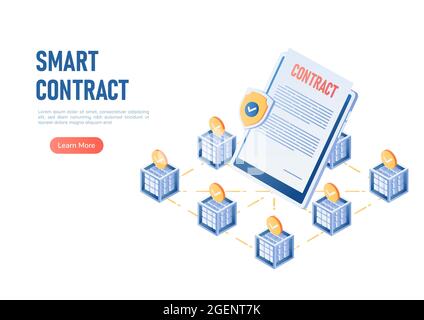 3d Isometric Web Banner Smart Contract in The Center of Blockchain Technology. Blockchain Smart Contract Concept. Stock Vector