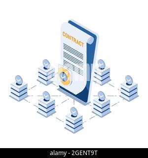 Flat 3d Isometric Smart Contract in The Center of BlockChain Technology. Blockchain Smart Contract Concept. Stock Vector