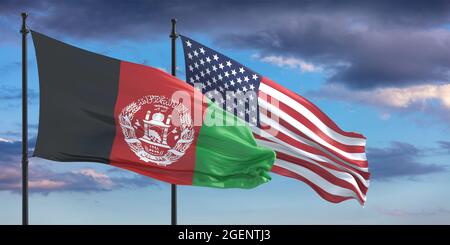 Afghanistan and US of America diplomacy and crisis. Islamic Republic of Afganistan and United States flags on poles waving on cloudy blue sky backgrou Stock Photo