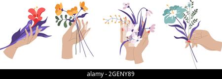 Female hands holding flowers and wild foliage Stock Vector